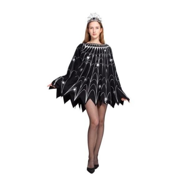 Spooktacular Creations Women Spider Web Dress Poncho Costume & Crown Black NEW - Picture 1 of 7